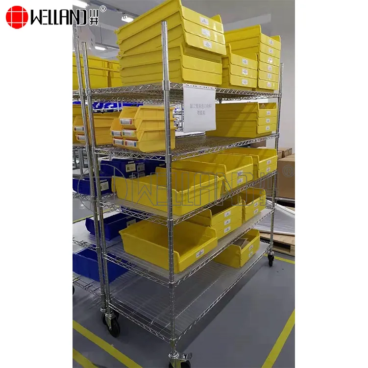 Unidad de estantería de alambre alto y profundo de almacenamiento pesado de 5 niveles móvil para almacén de fábrica